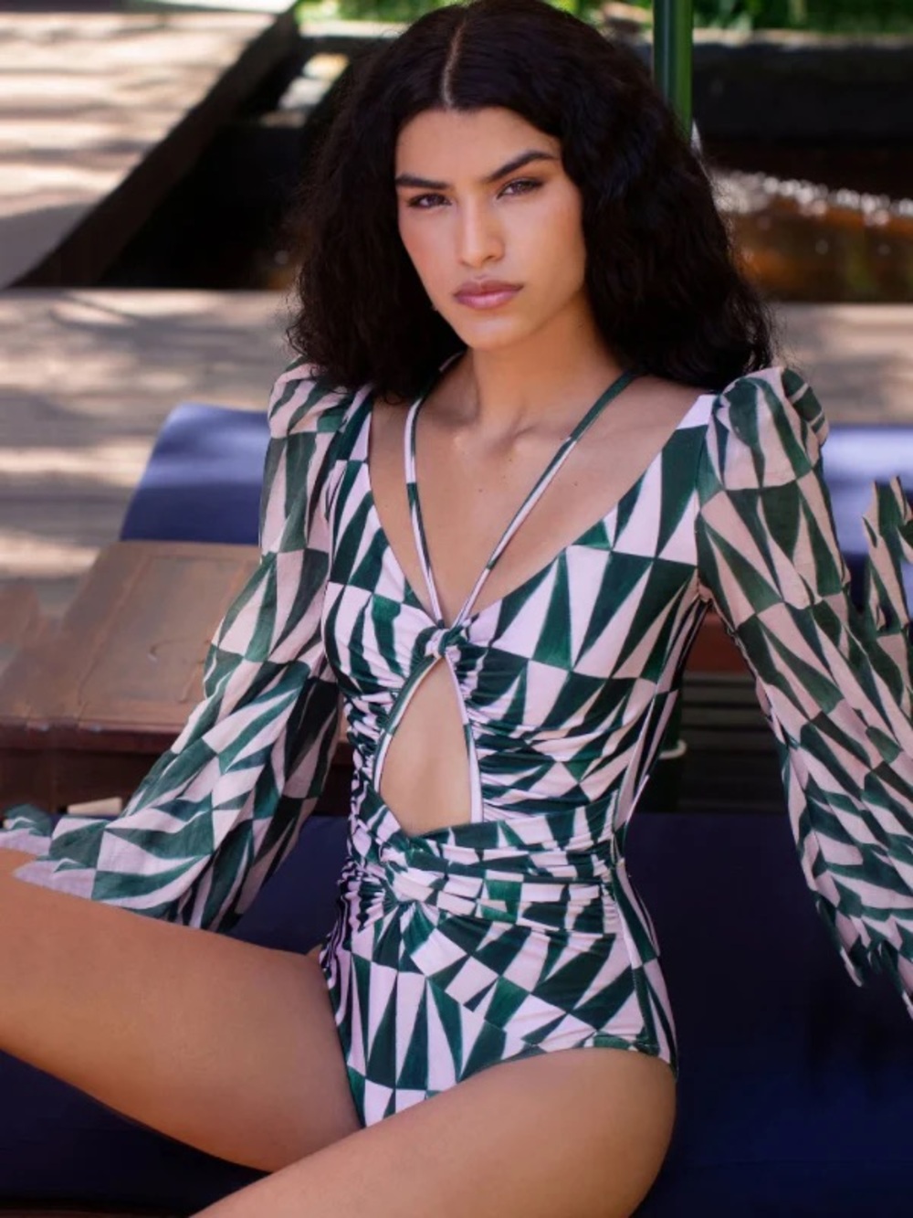 Geometric Green and White Cutout One-Piece Swimsuit size M
